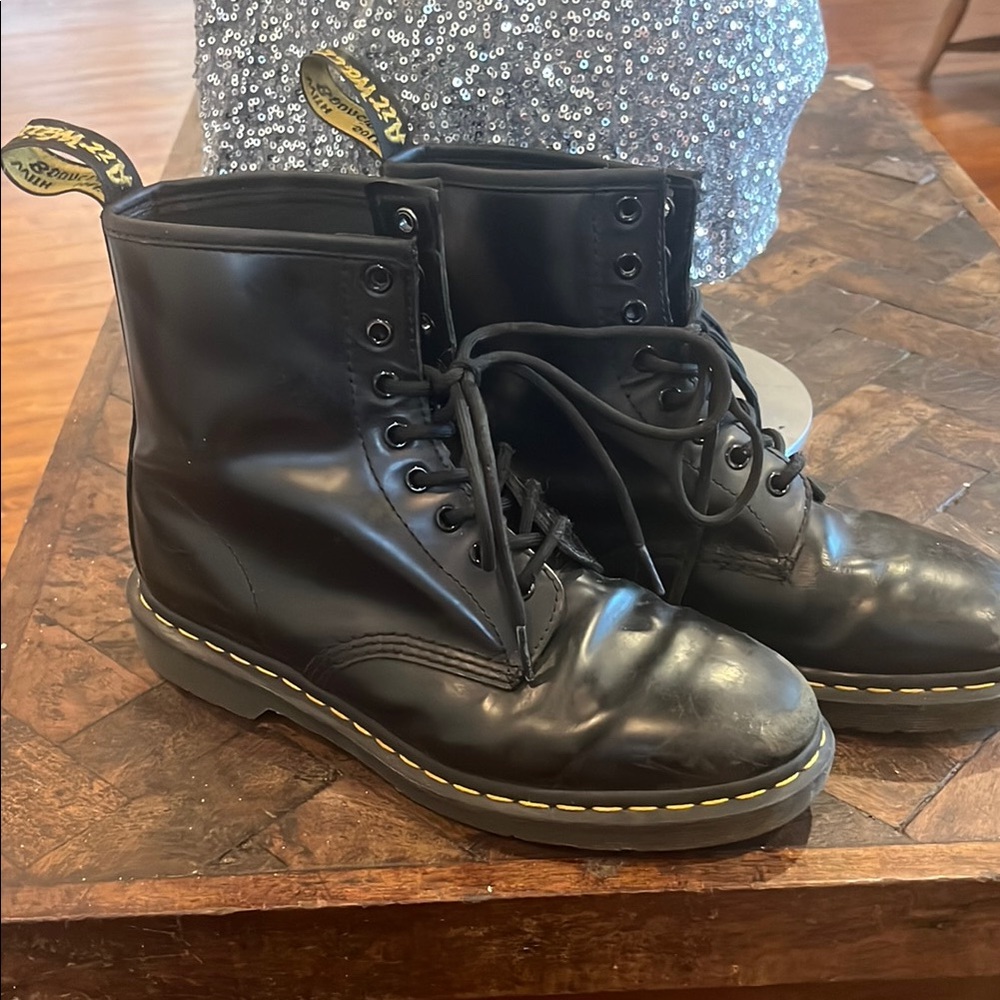 Dr. Martens Black Leather Lace-Up Heeled Boots with Yellow Stitching